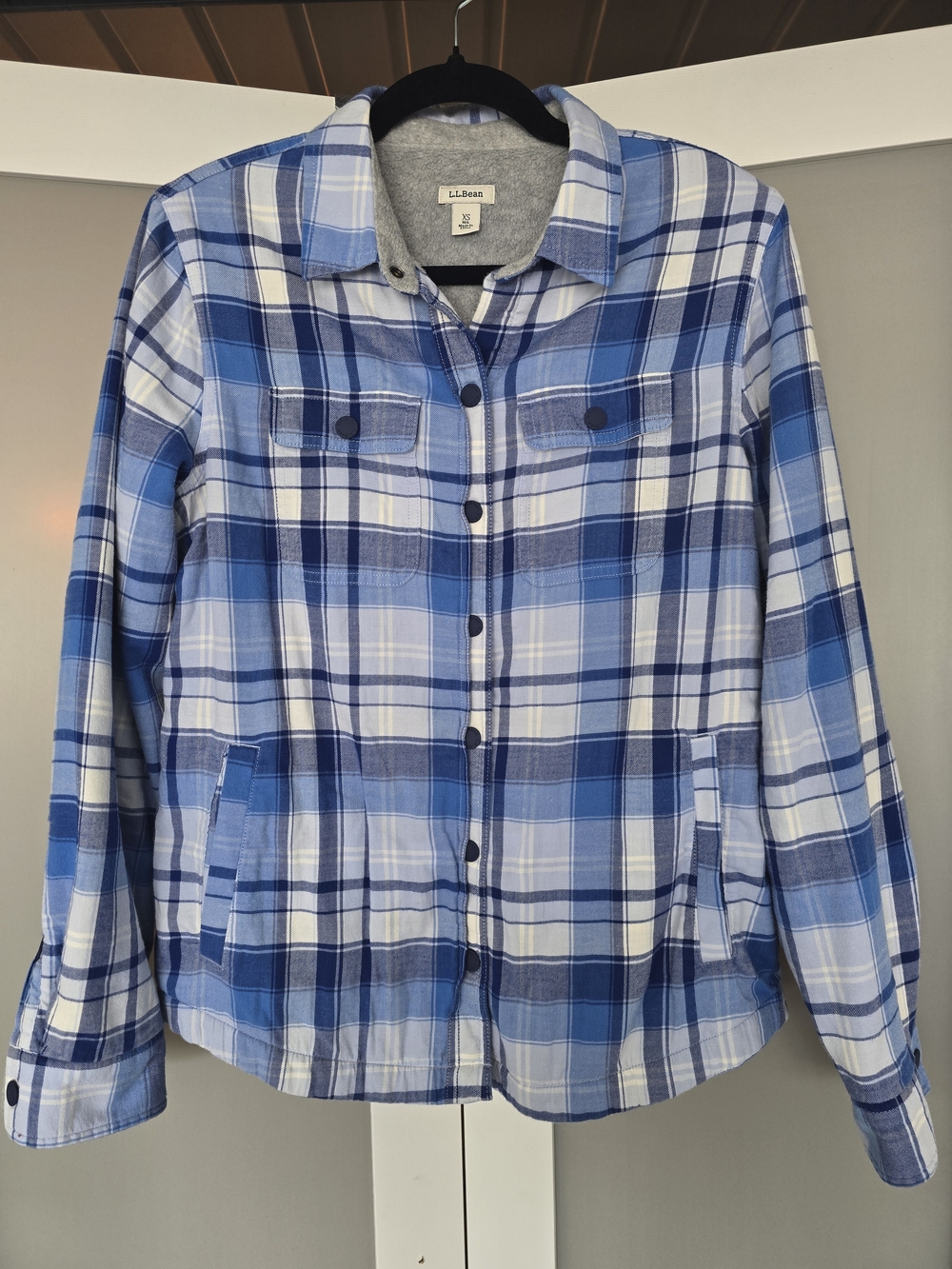 L.L.Bean Blue and White Plaid Fleece-Lined Shirt